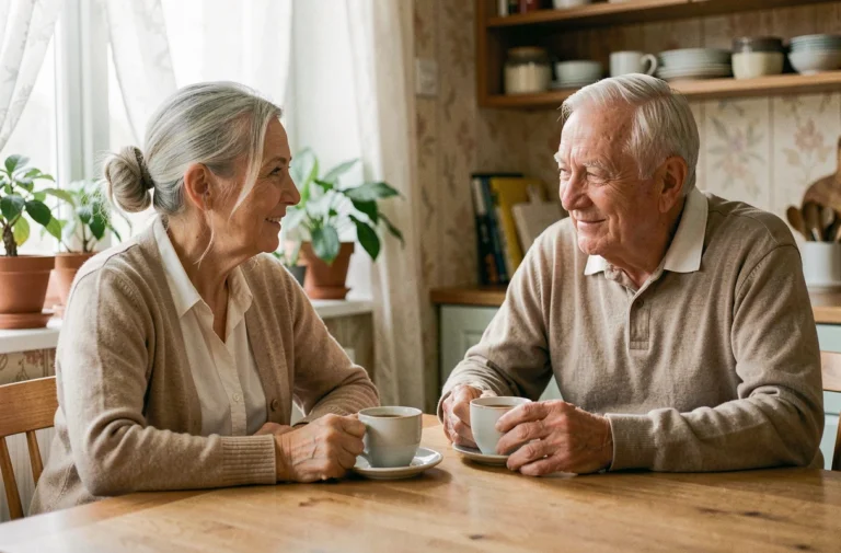 Une accompagnatrice aide un senior âgé à la maison autour d'une tasse de thé dans une cuisine chaleureuse