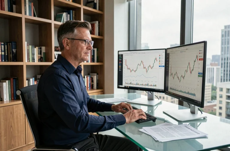 Un homme d'affaires analysant des graphiques boursiers sur deux écrans dans un bureau moderne, illustrant l'investissement en bourse en 2024