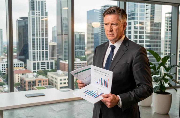 Analyste financier tenant un rapport sur les foncières cotées devant une vue panoramique de la skyline urbaine
