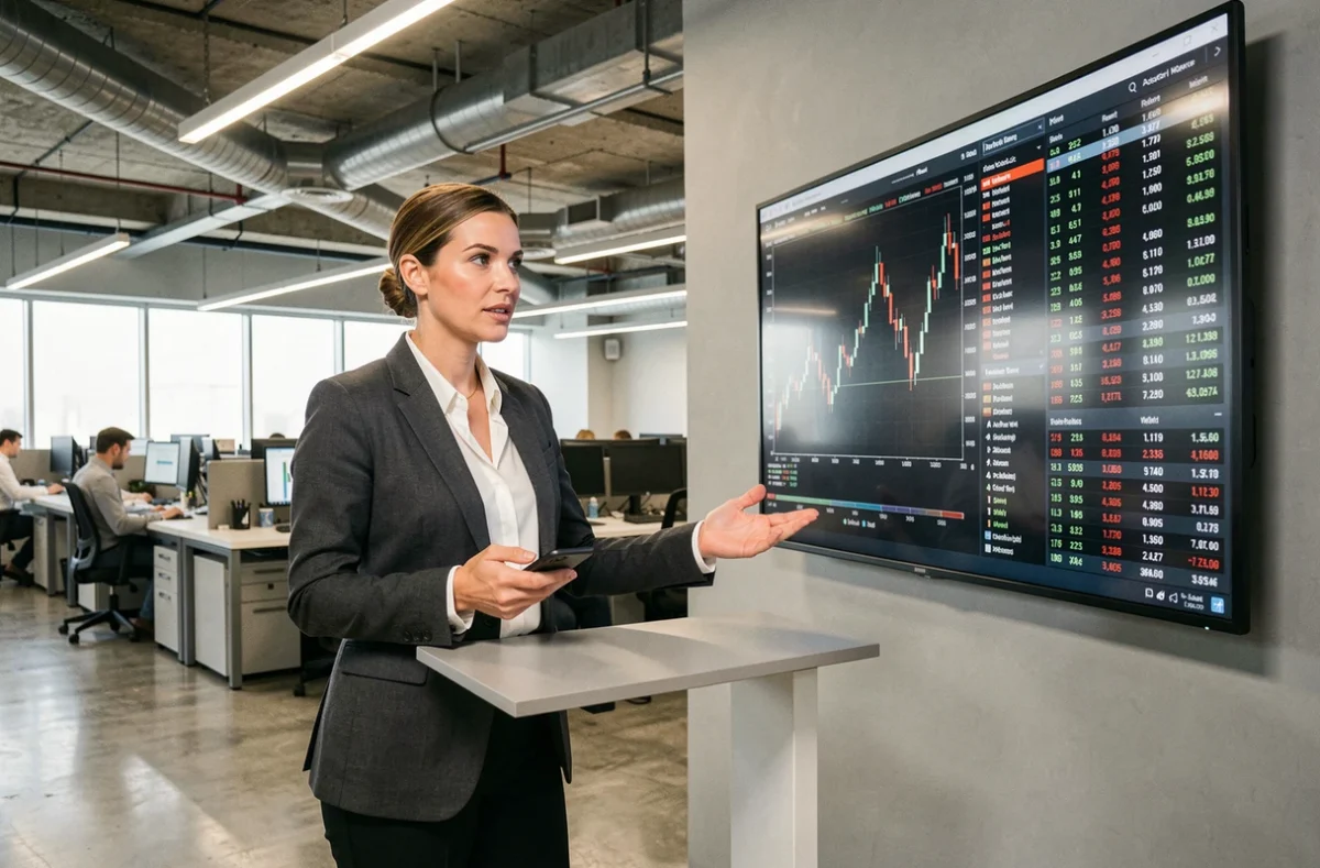 Une analyste financière présentant des données boursières en temps réel dans un open space professionnel, pour illustrer les stratégies d'investissement