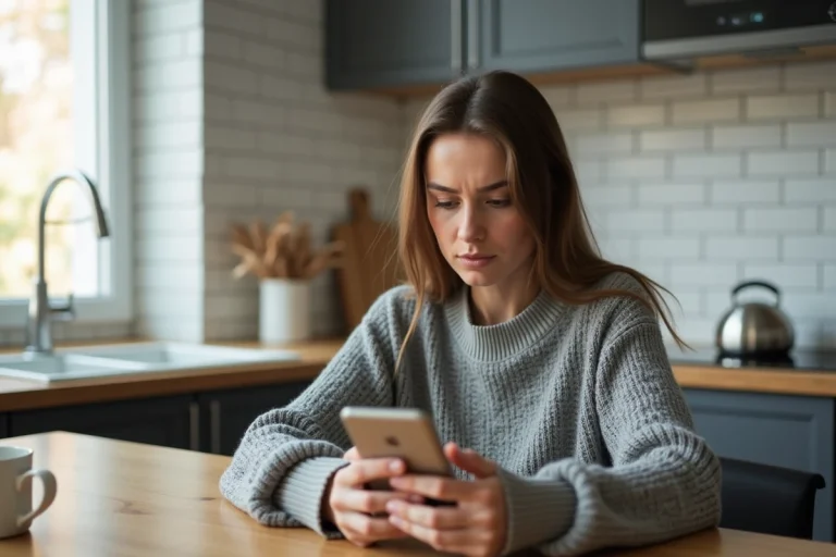 Femme annulant une commande Zalando sur son smartphone dans une cuisine moderne