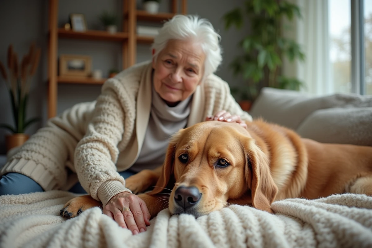Femme âgée caressant son vieux golden retriever allongé sur une couverture, illustrant l'importance d'assurer son chien senior