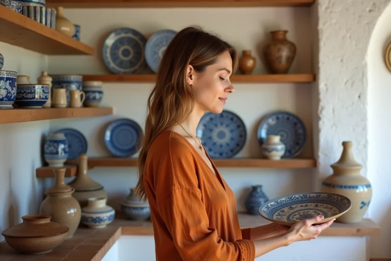 Femme faisant du shopping dans une boutique artisanale sarde avec céramiques peintes à la main et murs en pierre blanchis à la chaux