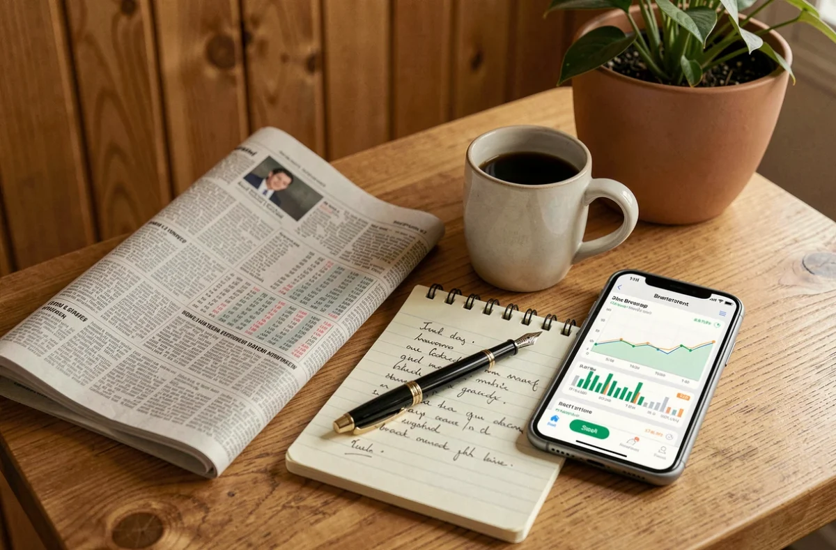 Vue de dessus d'un bureau avec journal financier, carnet d'investissement et smartphone affichant un portefeuille boursier, symbolisant la planification financière