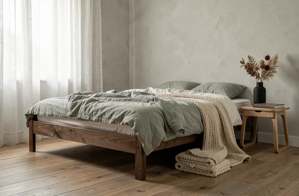 Chambre minimaliste avec lit en noyer, linge de lit en lin froissé et décoration végétale séchée dans un style slow living inspiré d'Aline Archimbaud