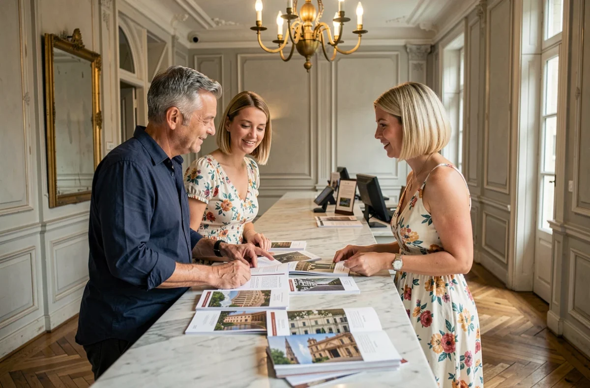 Couple choisissant leur hébergement à la réception d'un hôtel boutique parisien avec brochures touristiques sur comptoir en marbre