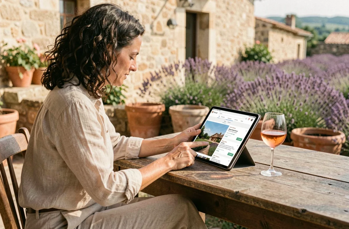 Femme consultant des hébergements de vacances sur tablette en terrasse d'un gîte en Provence avec vue sur champ de lavande