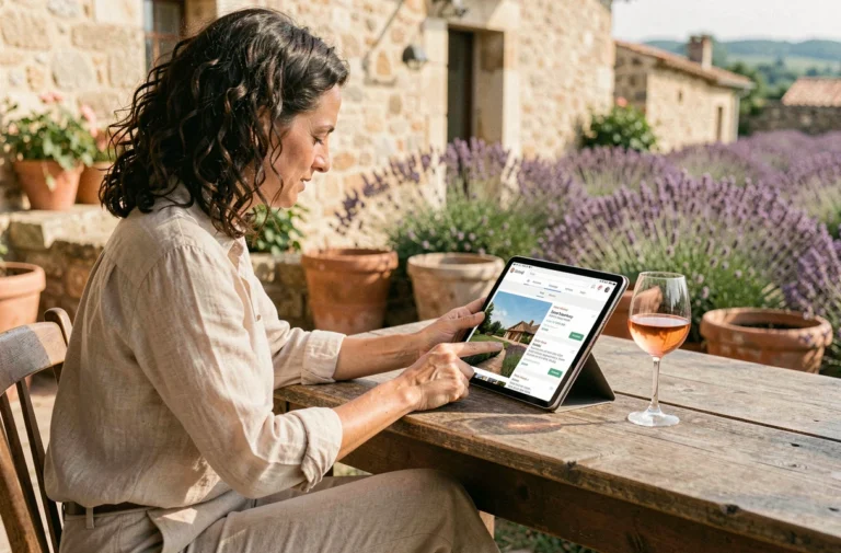 Femme consultant des hébergements de vacances sur tablette en terrasse d'un gîte en Provence avec vue sur champ de lavande