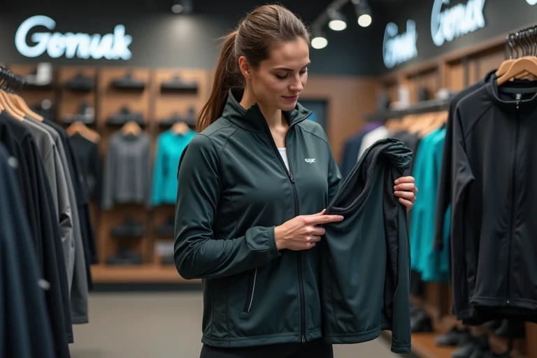 Femme en train de choisir une veste de running technique dans un magasin de sport bien organisé
