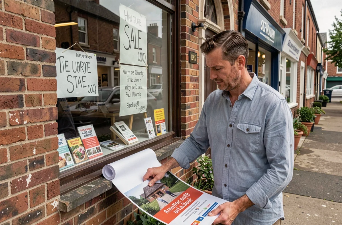 Propriétaire de commerce indépendant installant une bannière publicitaire imprimée devant sa boutique de quartier