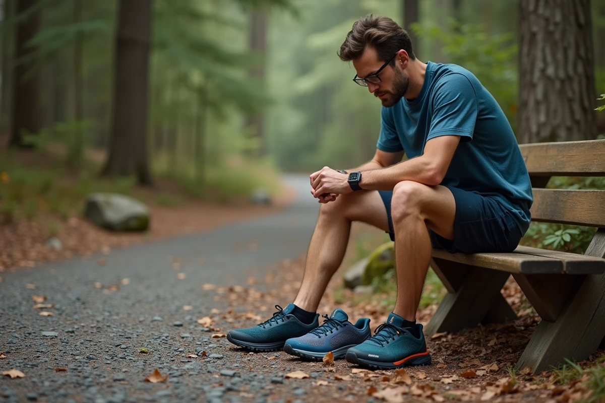Homme comparant deux paires de chaussures de trail running sur un sentier en forêt