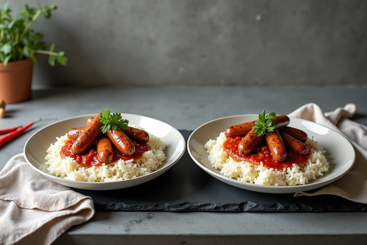 Comparaison côte à côte d'un rougail saucisse de Toulouse et d'un rougail saucisse de Montbéliard sur ardoise