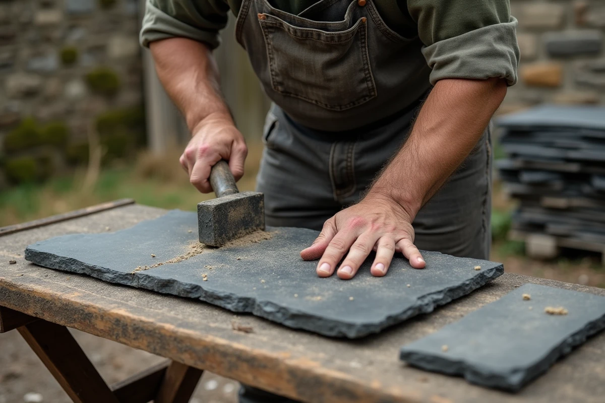 Artisan taillant un piquet de schiste avec un ciseau à froid sur un établi en bois dans une cour rustique