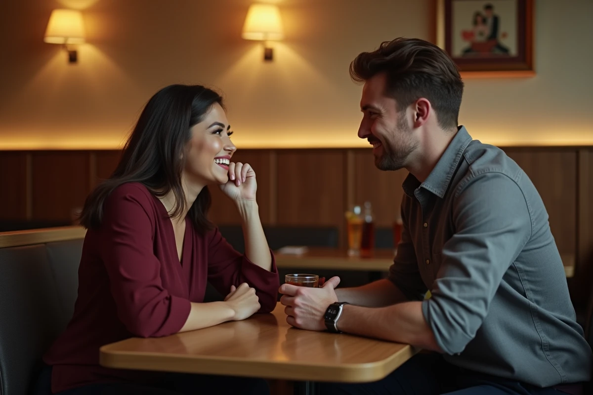 Couple en conversation sincère et complice autour d'un dîner au restaurant
