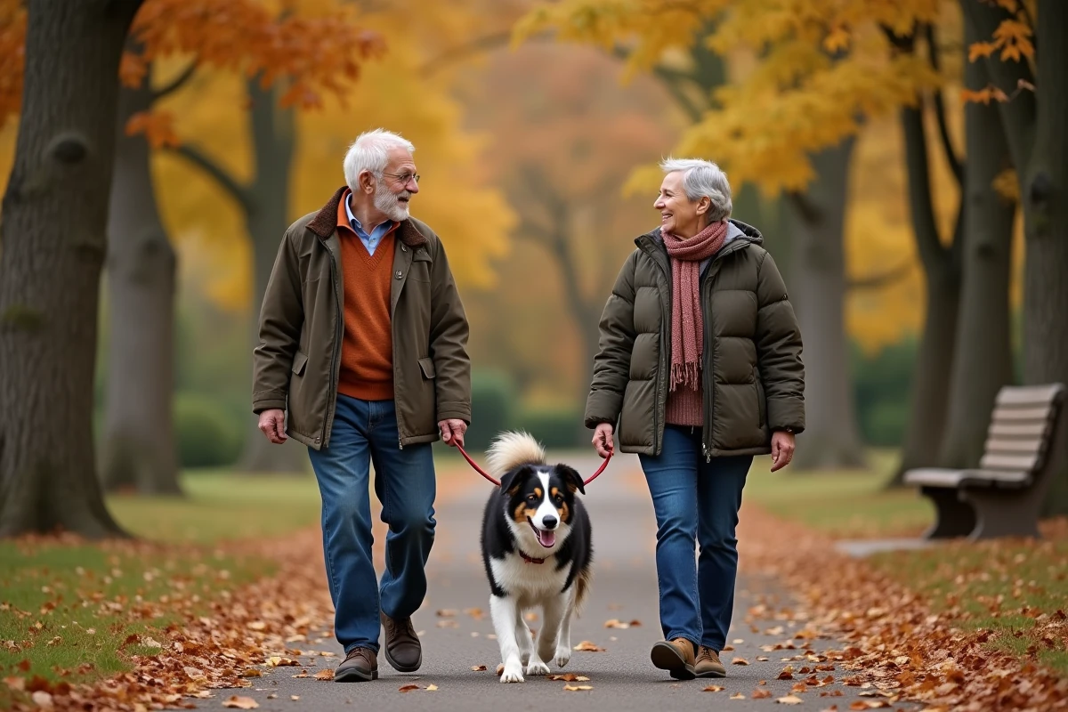Couple de retraités se promenant avec leur vieux border collie en automne, symbole de l'attachement aux animaux âgés et de leur protection par une assurance senior