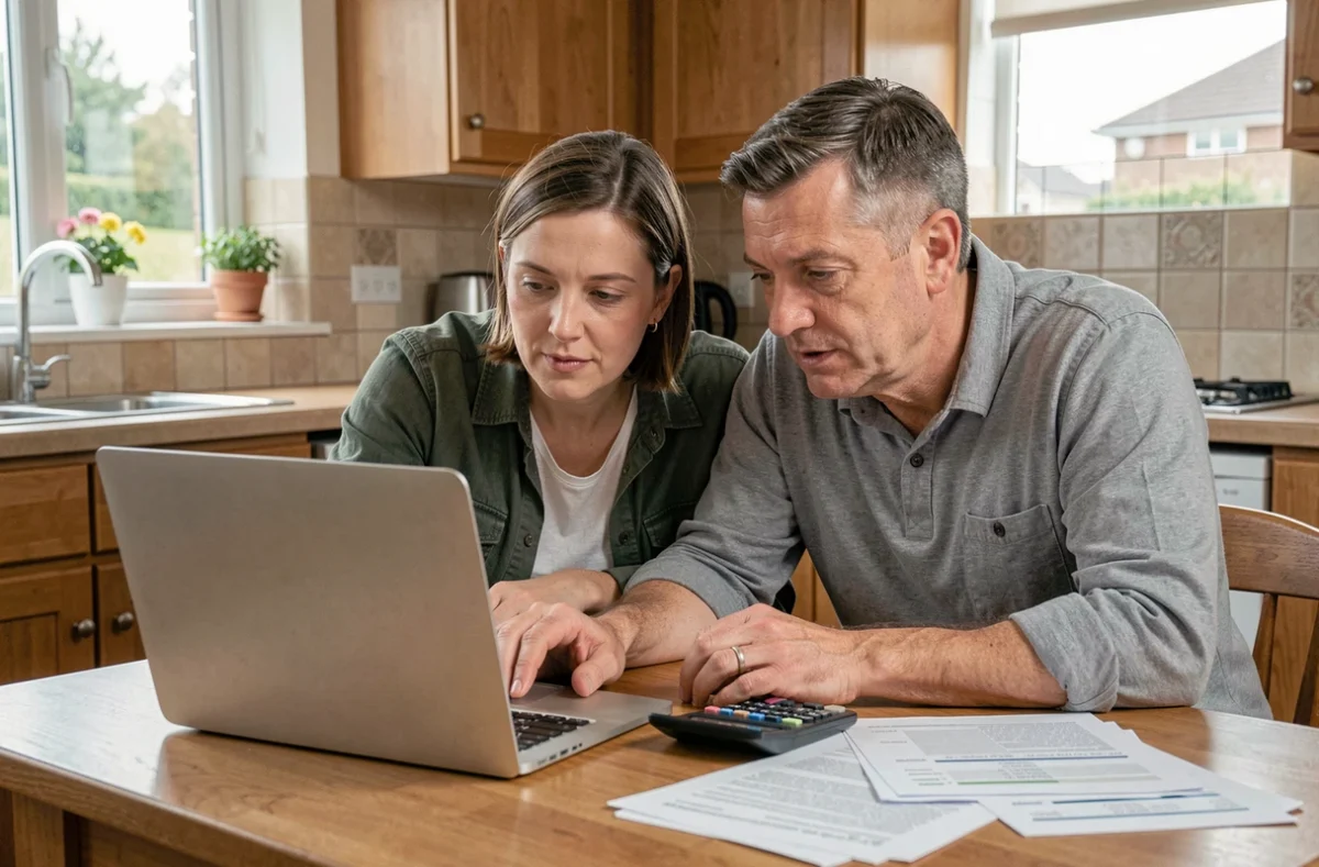 Un couple étudie ensemble des documents de crédit immobilier sur leur table de cuisine
