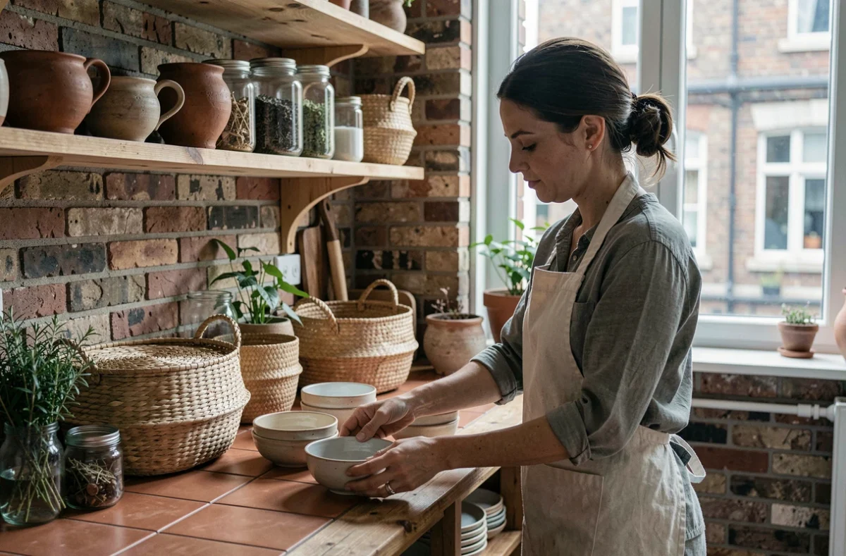 Femme arrangeant de la poterie artisanale dans une cuisine naturelle avec étagères en bois et matériaux durables, style décoration Aline Archimbaud