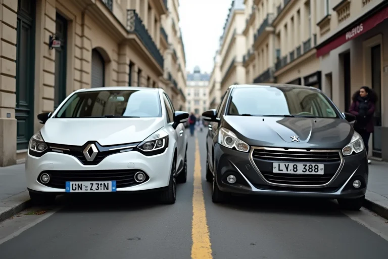 Distance entre deux voitures garées en ville sur une rue parisienne étroite avec espace minimum entre les pare-chocs