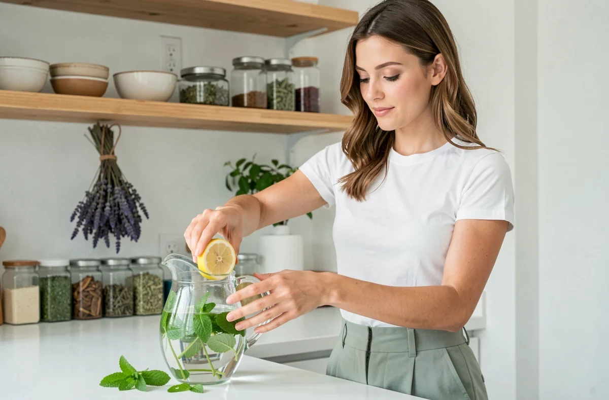 Femme préparant une eau détox au citron et à la menthe dans une cuisine naturelle pour prendre soin de sa santé au quotidien