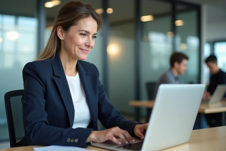 Employée de bureau consultant sa fiche de paie sur un portail RH en ligne depuis son ordinateur portable au bureau