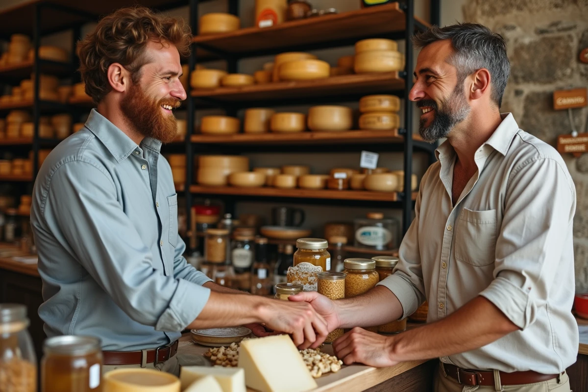Client achetant des produits locaux sardes dans une épicerie fine avec fromages pecorino, bottarga et vins régionaux
