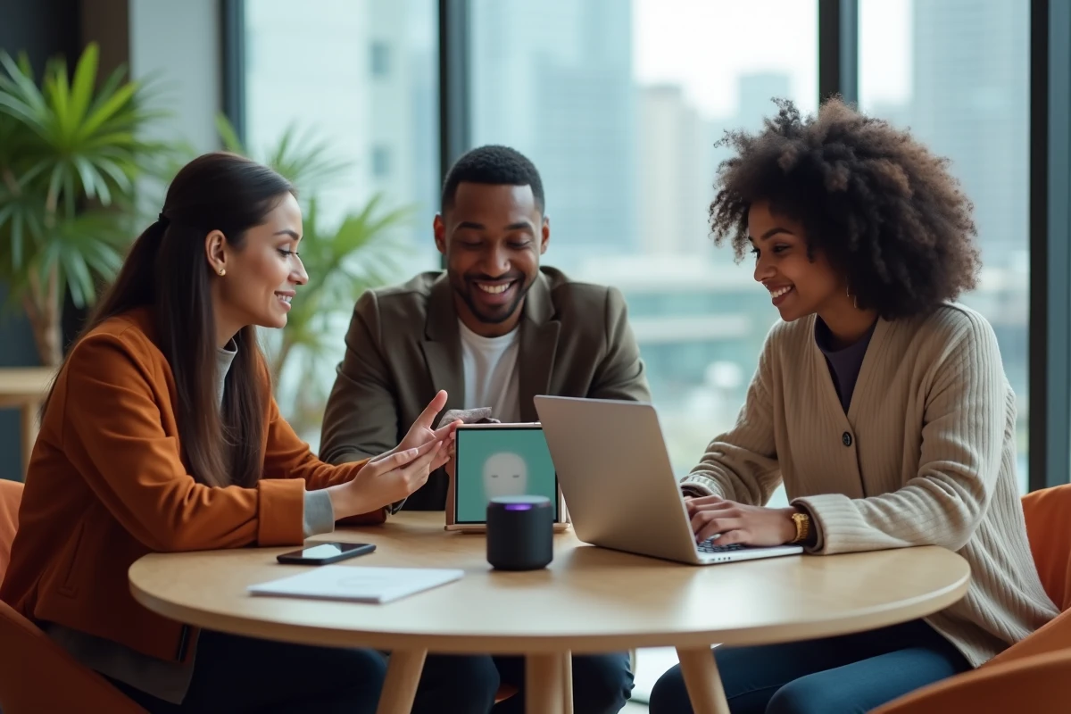 Équipe de professionnels collaborant autour de technologies intelligentes et d'assistants IA dans un espace co-working moderne