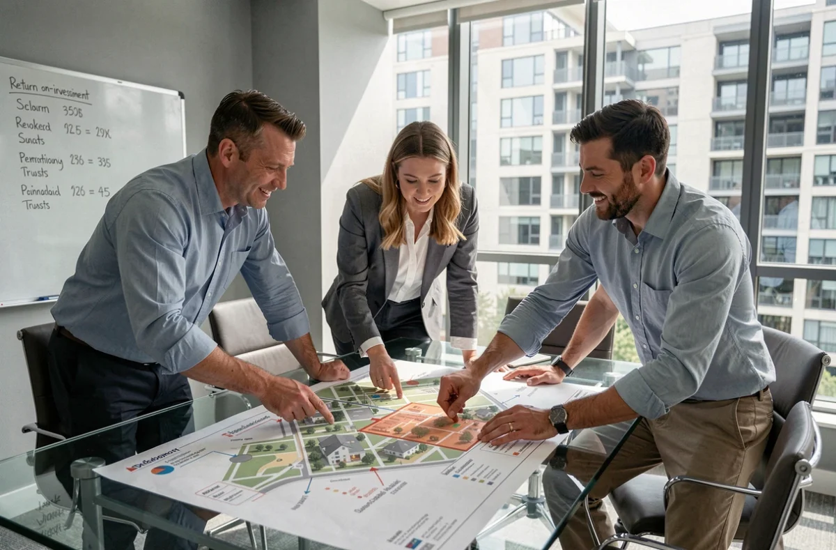 Équipe de professionnels discutant d'une carte d'actifs immobiliers cotés en réunion