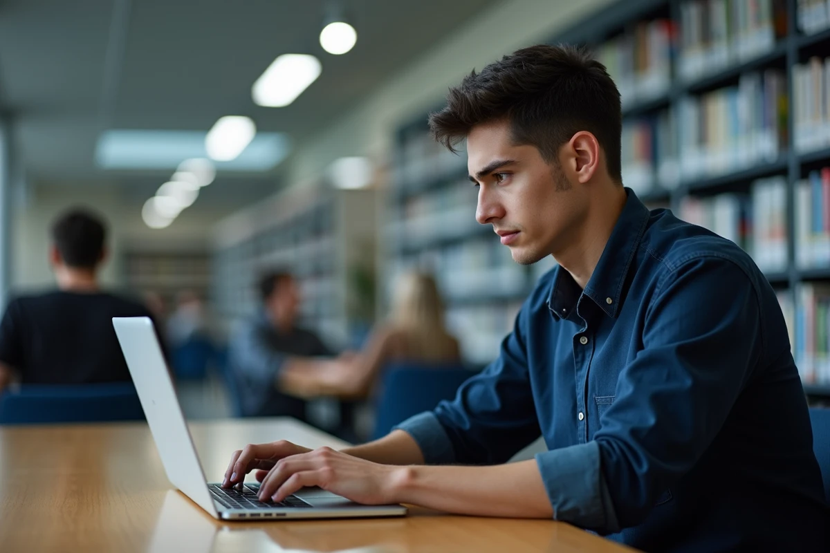 Étudiant accédant à son compte en ligne de formation comptable depuis une bibliothèque universitaire
