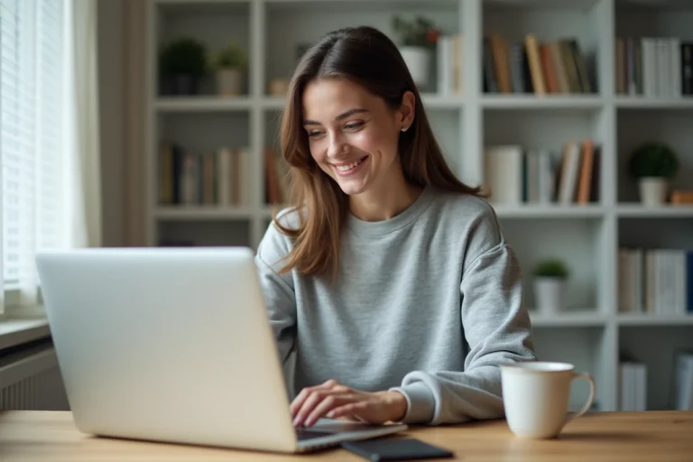 Étudiante en comptabilité se connectant à son espace étudiant Comptalia sur un ordinateur portable depuis son bureau à domicile