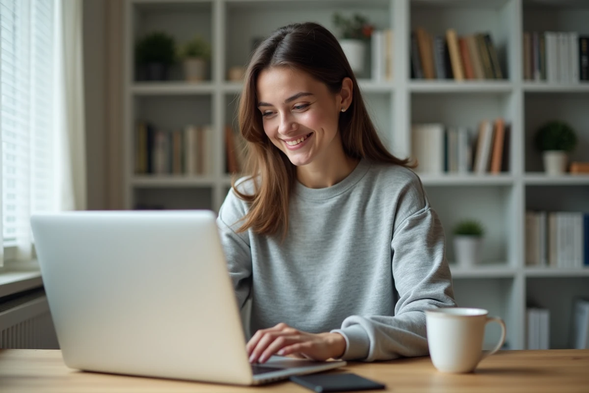 Étudiante en comptabilité se connectant à son espace étudiant Comptalia sur un ordinateur portable depuis son bureau à domicile