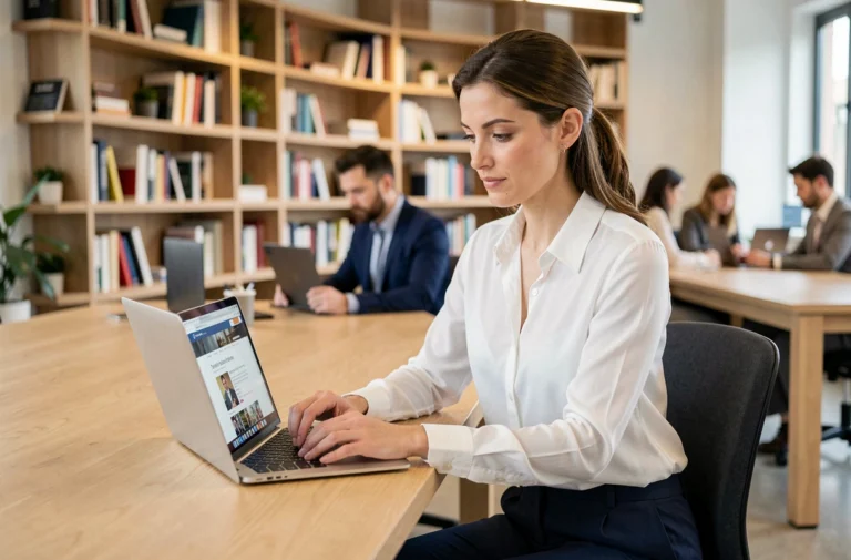 Femme professionnelle consultant les actualités et tendances sur un ordinateur portable dans un bureau moderne