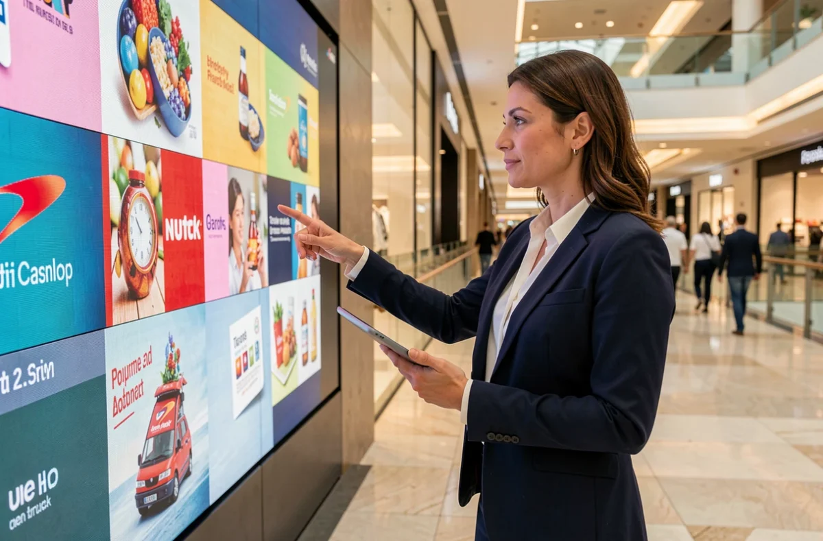 Femme d'affaires présentant un écran publicitaire numérique dans un centre commercial moderne