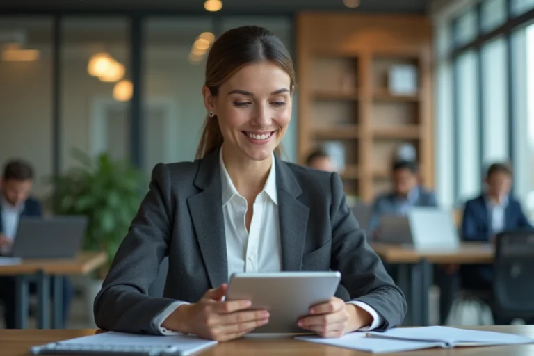 Femme d affaires confiante utilisant une tablette dans un bureau moderne