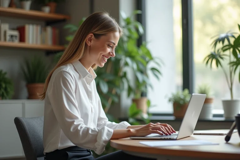 Femme au bureau à domicile regardant des documents numériques
