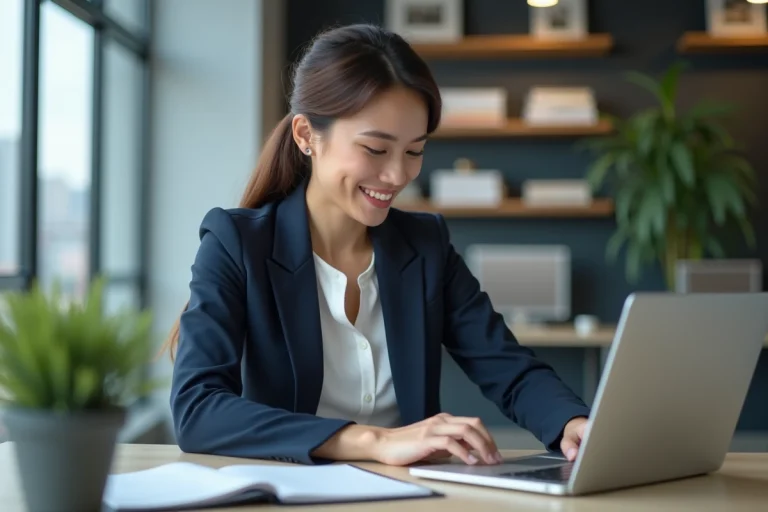 Femme professionnelle au bureau souriante devant son ordinateur