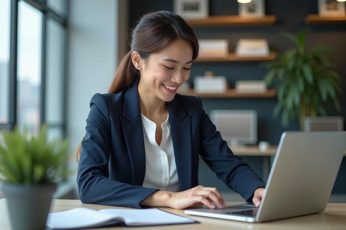 Femme professionnelle au bureau souriante devant son ordinateur