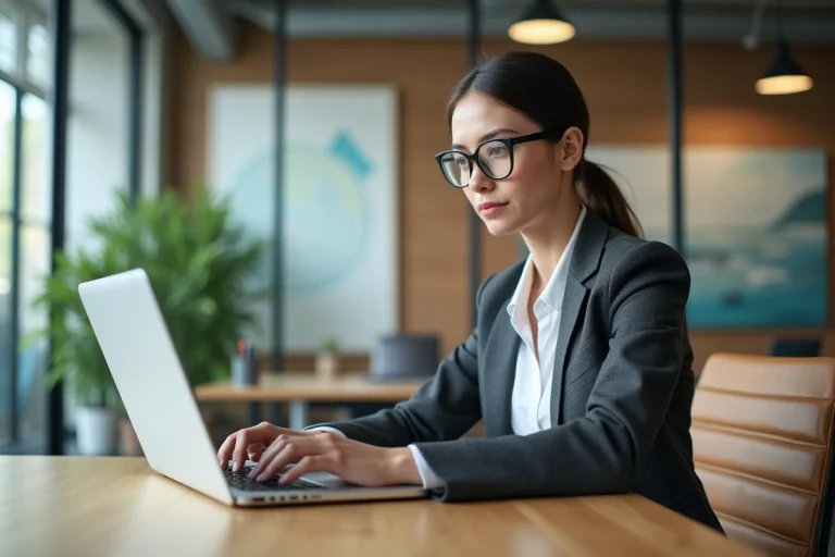 Jeune femme au bureau travaillant sur un ordinateur portable