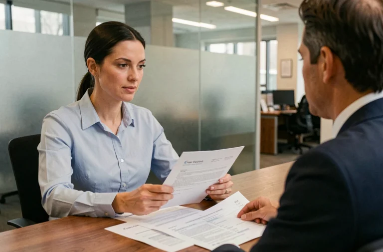 Une femme discute d'un dossier de crédit avec un conseiller bancaire dans une agence moderne