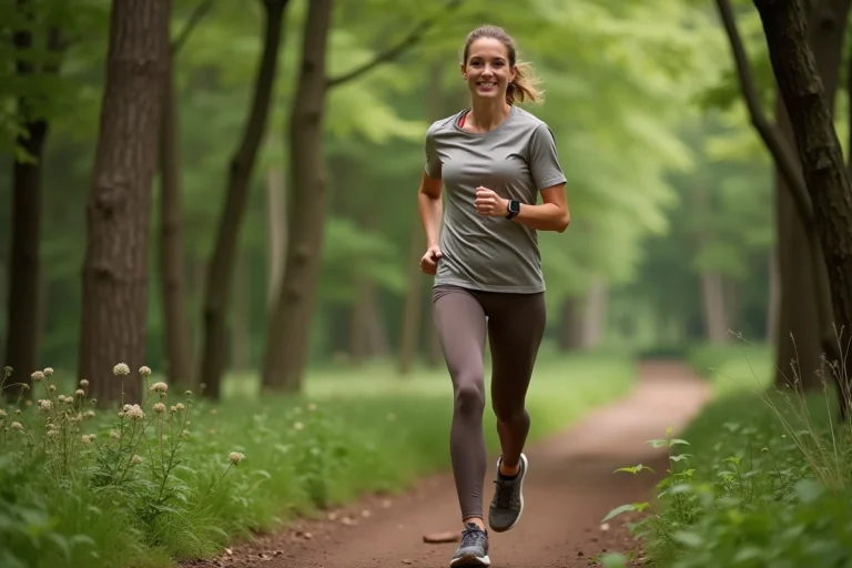 Femme courant en forêt avec tenue sportive nature
