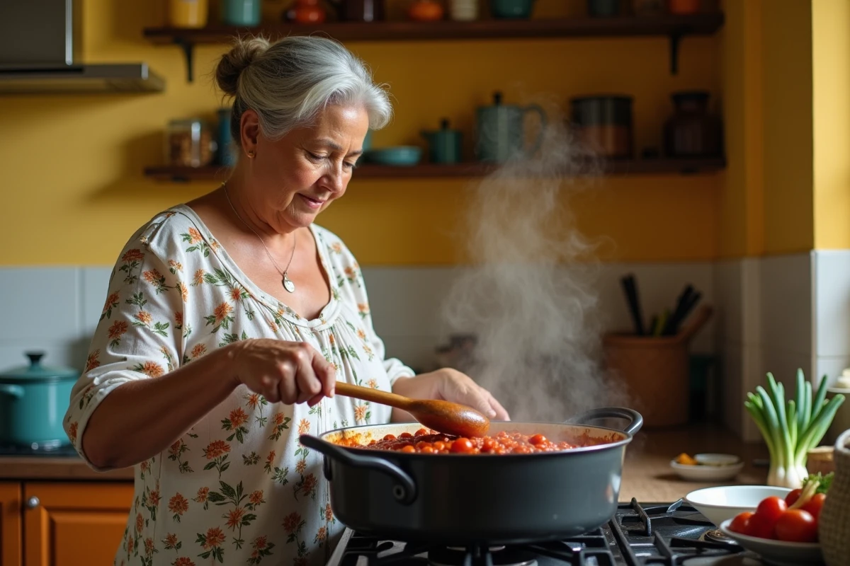 Femme réunionnaise cuisinant un rougail saucisse traditionnel dans une cuisine familiale chaleureuse
