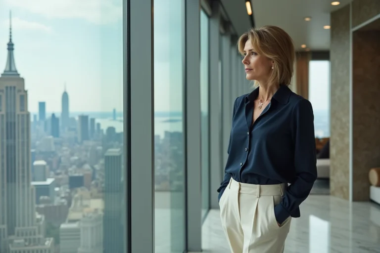Femme élégante dans un penthouse avec vue urbaine