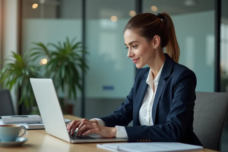 Femme d affaires en bureau moderne utilisant un ordinateur portable