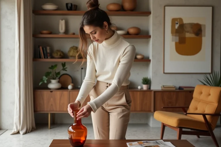 Femme élégante arrangeant un vase ambré dans un salon moderne