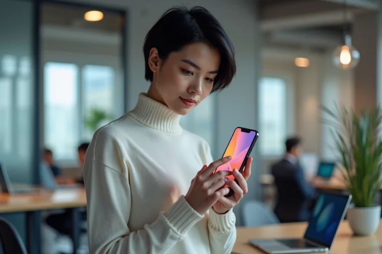 Femme professionnelle utilisant un smartphone pliable dans un espace de travail technologique moderne en 2024
