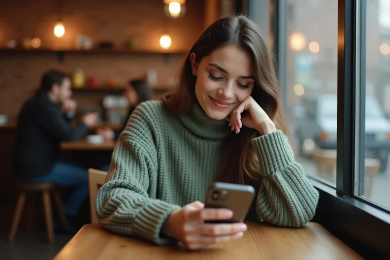 Femme souriante lisant un message touchant sur son téléphone dans un café chaleureux
