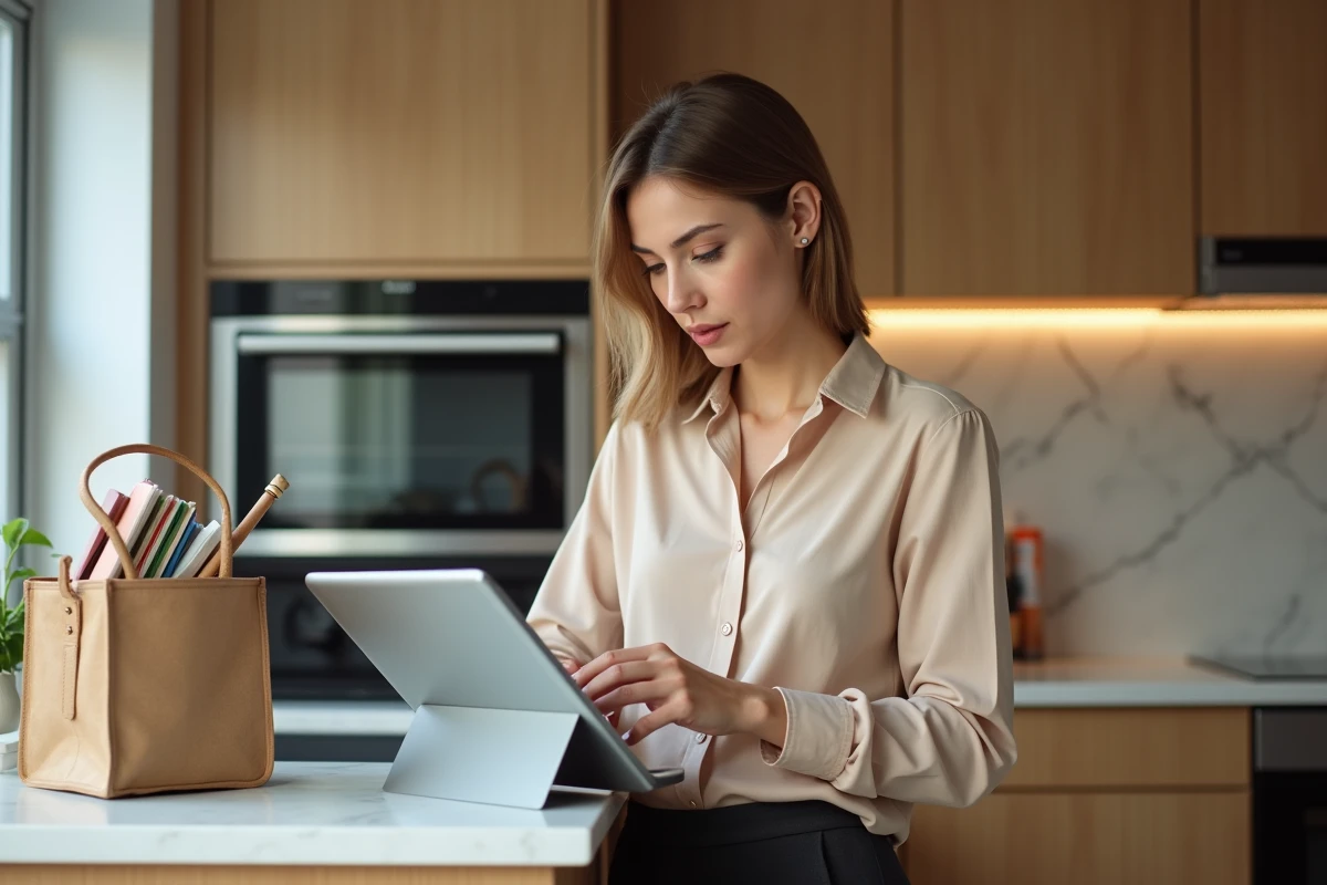 Femme adulte en reconversion professionnelle se connectant à son espace de formation Comptalia sur une tablette dans sa cuisine