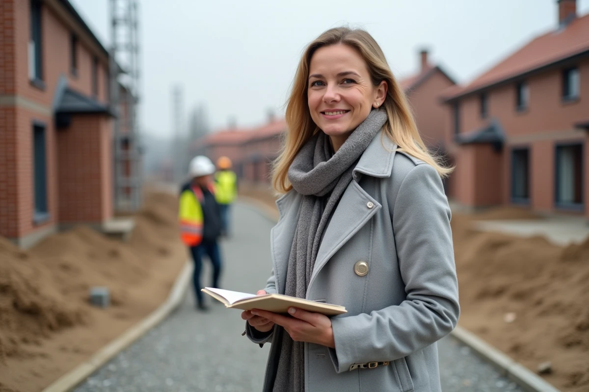Femme souriante en trench visite un chantier résidentiel