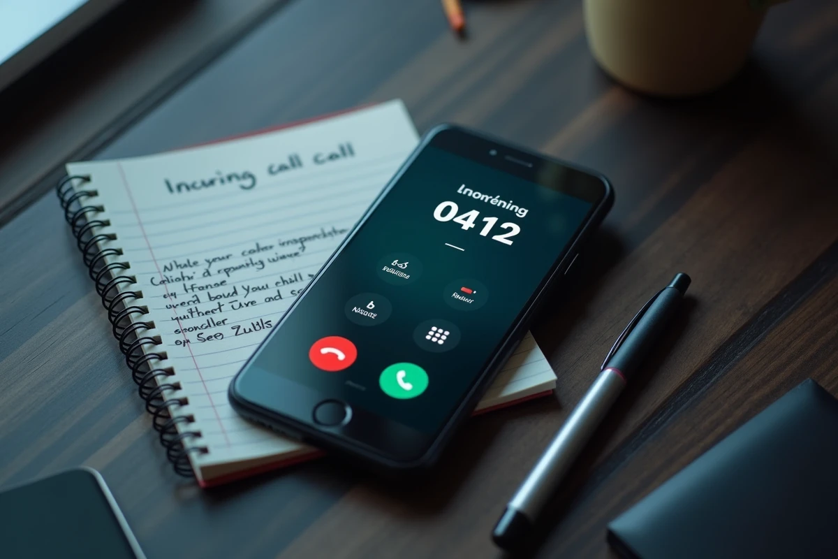 Gros plan d'un smartphone affichant un numéro avec indicatif 0412 sur une table en bois