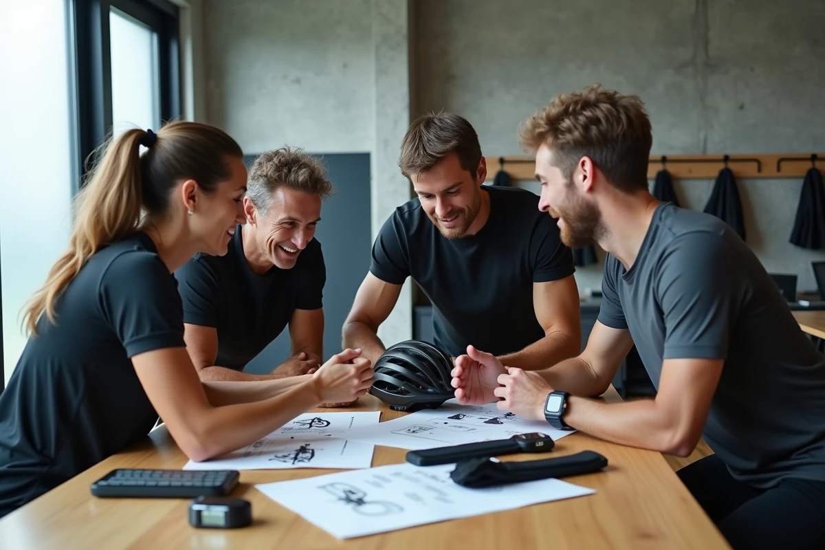 Groupe d'athlètes analysant des équipements sportifs techniques dans un studio de coaching minimaliste