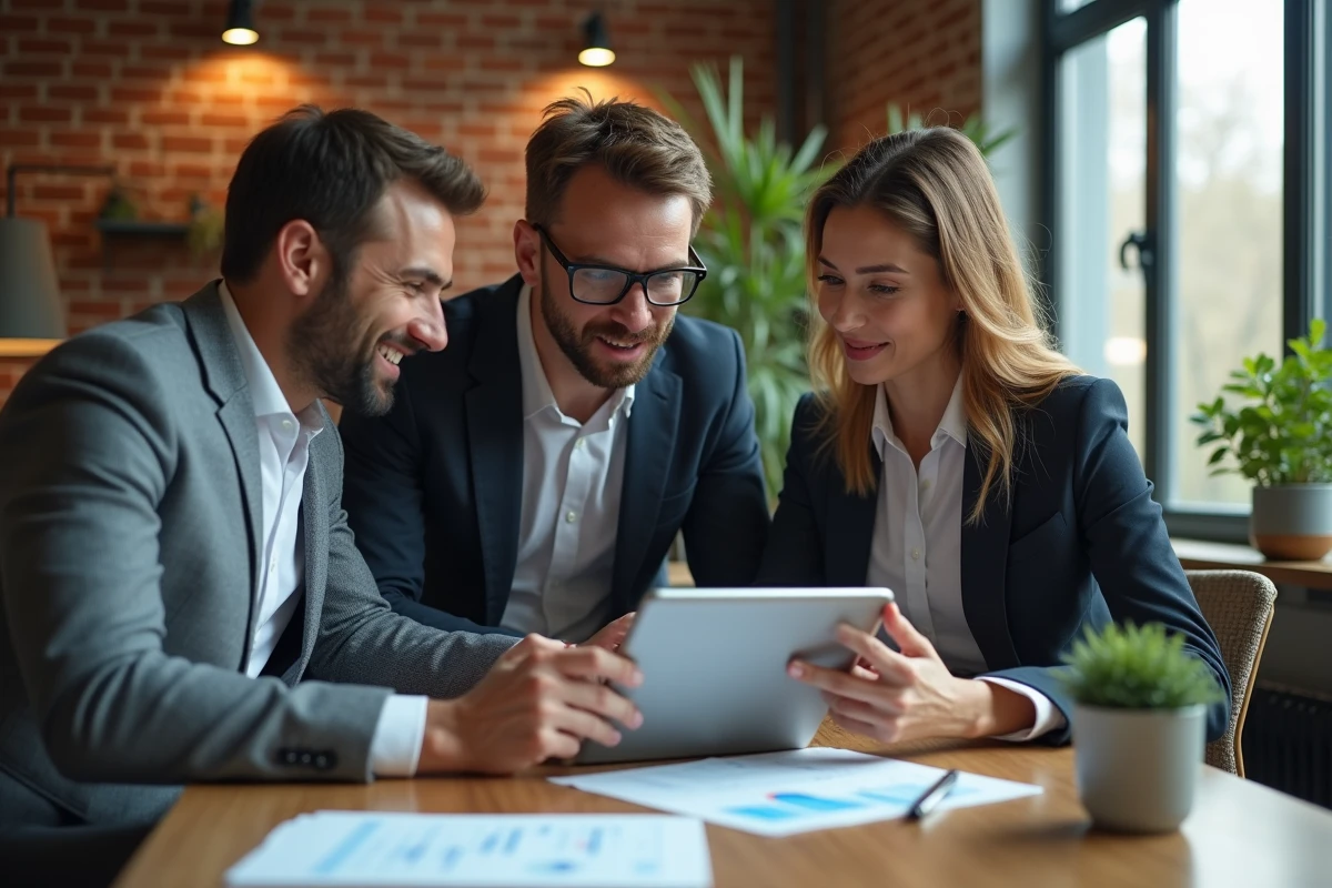Groupe de professionnels discutant autour d une tablette en coworking